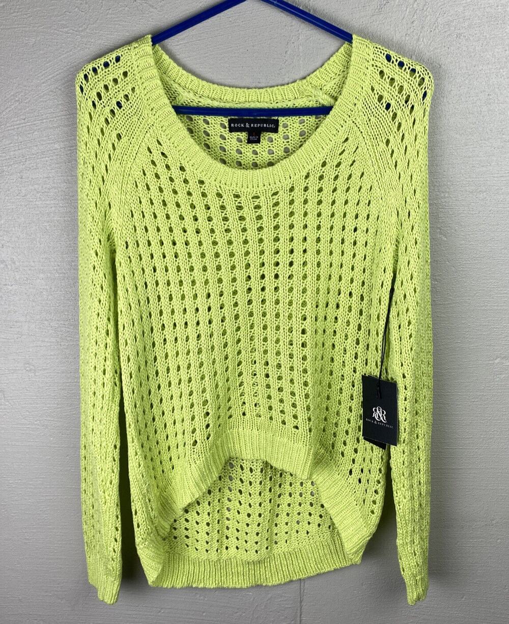 NWT Rock & Republic Women’s Lime Green Cropped Long Sleeved Sweater Size Large
